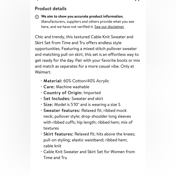 Time and Tru Mock Neck Cable Knit Sweater and Skirt Set, 2-Piece size XL NWT - Picture 10 of 10